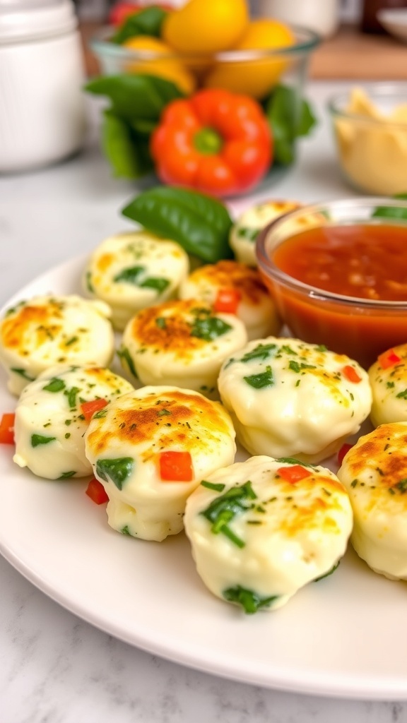 A plate of colorful egg white bites with spinach and bell peppers, garnished with herbs, served with salsa.